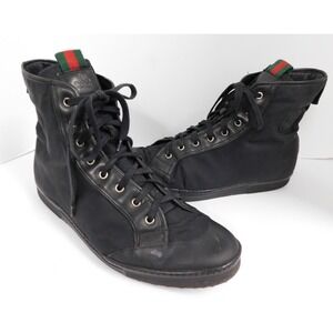 Authentic Men's GUCCI Canvas Leather Red Green Stripe High Top Sneakers sz‎ 44 E